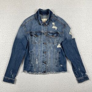 Hollister Denim Jacket Womens XS Blue Distressed Raw Hem Trucker Jean Jacket